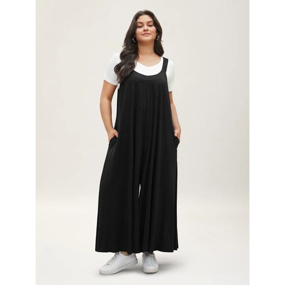 Plus Size 30 6x Adjustable Straps Pockets Stretchy BloomChic Soft Black Jumpsuit - Picture 1 of 6